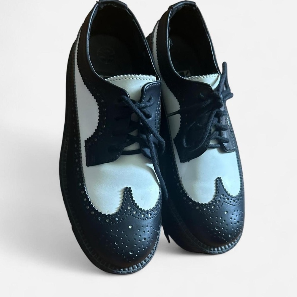 Black and White Leather T-U-K Platform Brogues